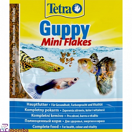 Корм Tetra Guppy Mini Flakes для гуппи и других живородящих (12 гр), мини-хлопья на фото