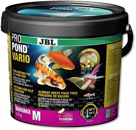Кормовой микс (хлопья+гранулы) для прудовых рыб средних размеров ProPond Vario M 0.72 кг/5.5л фирмы JBL на фото