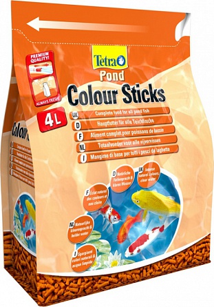 Гранулированный корм в виде палочек "TetraPond Color Sticks" для прудовых рыб (4 литра)  на фото
