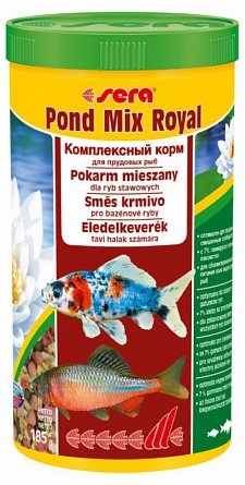 Микс кормов в виде гранул, хлопьев и гаммаруса в ведре "MIX ROYAL" фирмы Sera для прудовых рыб (1 литр)  на фото