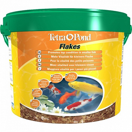 Хлопьевидный корм "TetraPond Flakes" для подрастающих и небольших прудовых рыб (10 литров)  на фото
