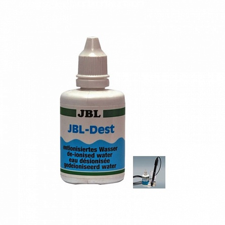 Дистиллированная вода JBL-Dest fur pH-Elektrode применяется для чистки и обслуживания pH-электродов (pH-метров, измерителей) 50 мл  на фото