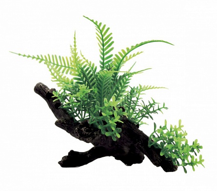 Декоративная коряга из пластика с растениями "Мох на коряге" фирмы ArtUniq (25x15x33 см)  на фото